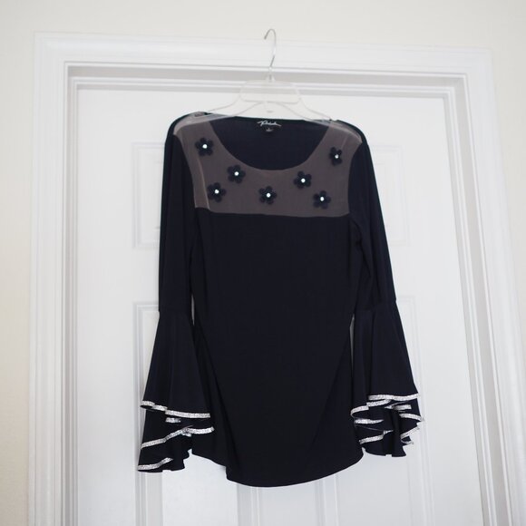 Prelude Navy Blue Top with Mesh Top and Flower Accents & Bell Sleeves Size Small - Picture 1 of 12
